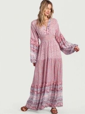 Billabong Women's Pink Boho Maxi Dress with Balloon Sleeves Small